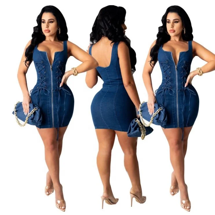 

2021 fashion hot wholesale sexy tight denim skirt mini skirt women zip lace skirt sleeveless denim.A strapless, solid-colored