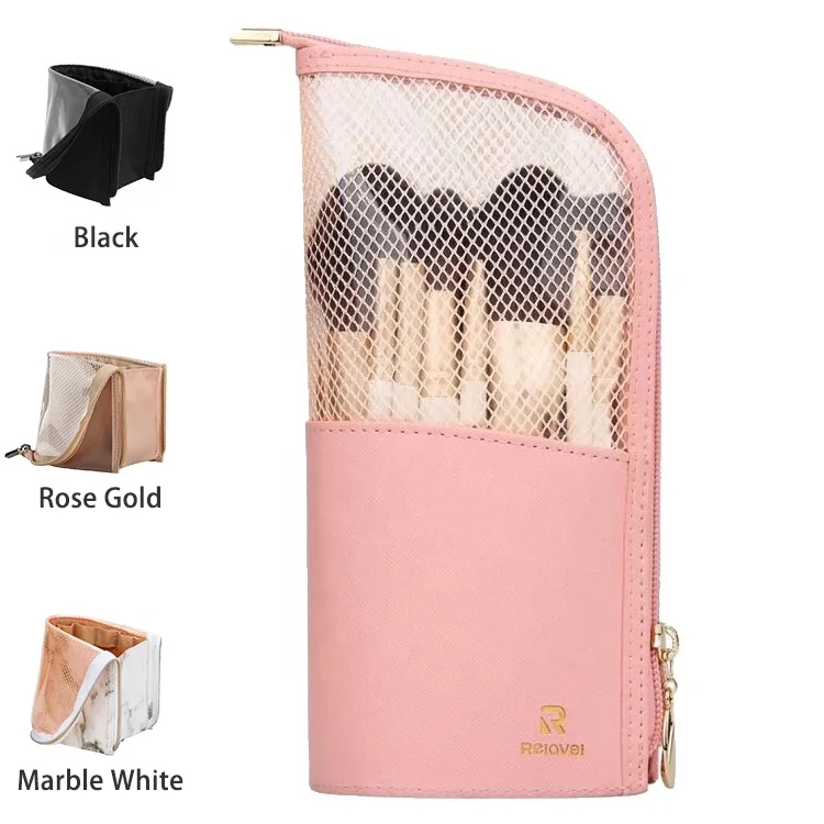 

Relavel Dual Function Cylinder Pink Small Waterproof Stand Up Organizer Divider Makeup Brush Holder For Travel