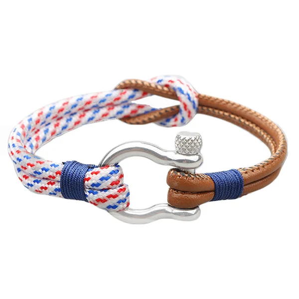 

Leather And Nylon Rope Knot Bracelet Jewelry Men Women Couple Style Stainless Steel Anchor Shackle Bracelet, Picture shows