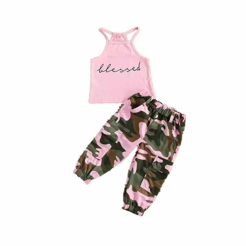 

Summer Girl Clothes Outfits Pink Camo Capri Pant Sets