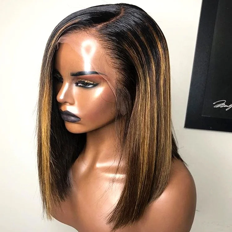

Pre Plucked Ombre Brown Highlight Color Straight Bob Wig Virgin Cuticle Aligned Human Hair Lace Front Wigs