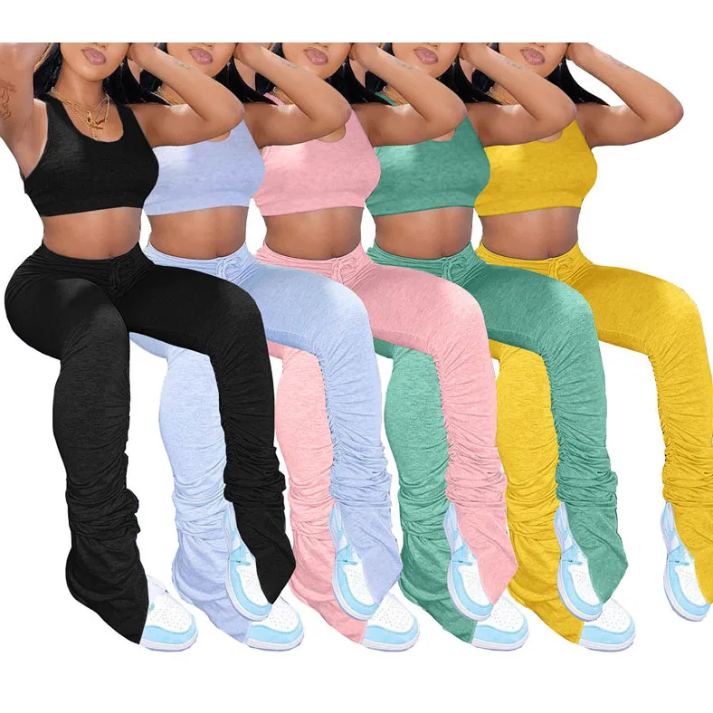 

FS1176D Women crop tops and stacked Pants Two Pieces Sets