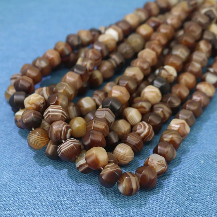 

AB0851 Jewelry Mala Focal Beads Matte Natural brown banded striped agate hexagonal sided Roundel Drum beads