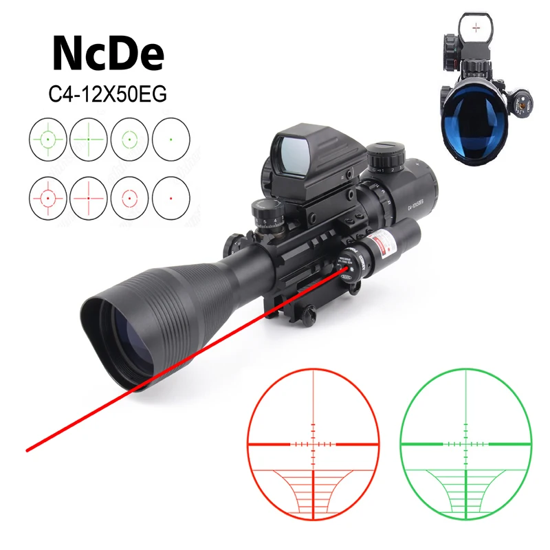

NcDe Hot Sale 4x Tactical Holographic Dot Reflex Sigh,Red Sight and C4-12X50 Rifle Scope Set