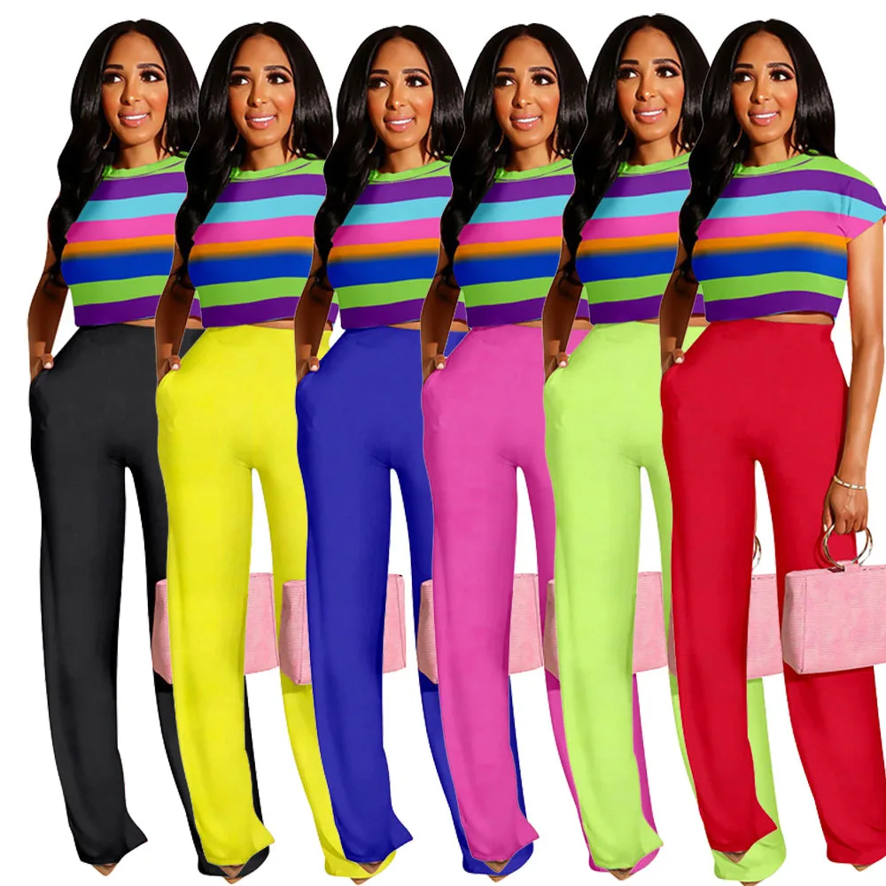 

280052 Zoom Life Colorful Striped Printed T Shirt Casual Wide Leg Pants Short Sleeve Two Piece Suit Women Plus Size 2 Piece Set