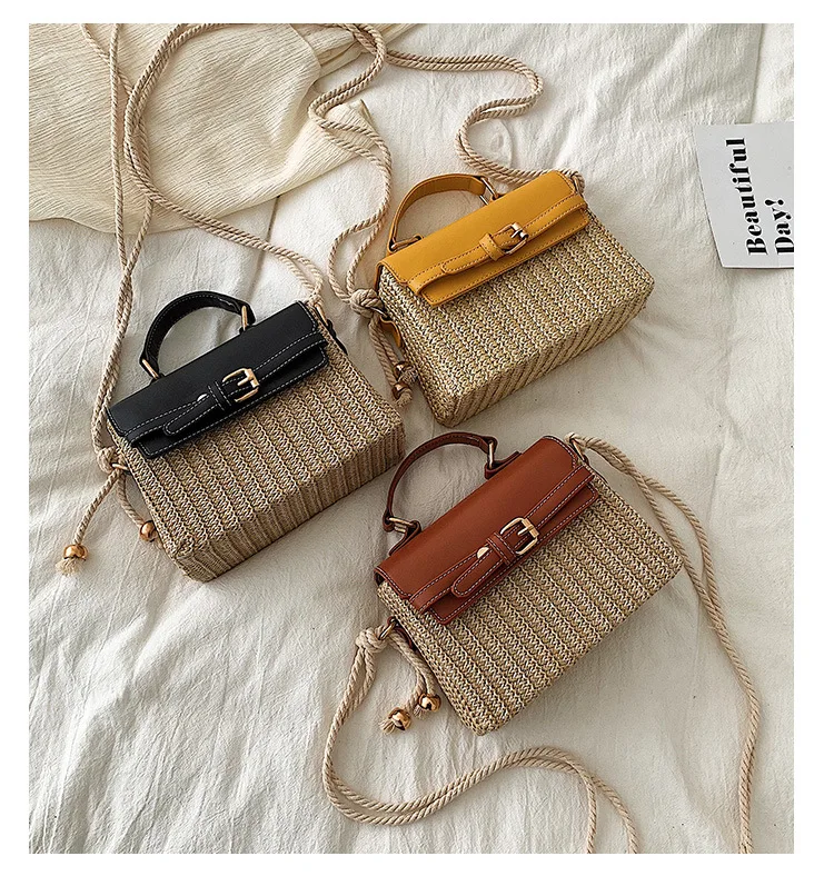 

2021 Ladies Luxury Beach Handbags Straw Leather Bag Straw Crossbody Bags, Black yellow brown