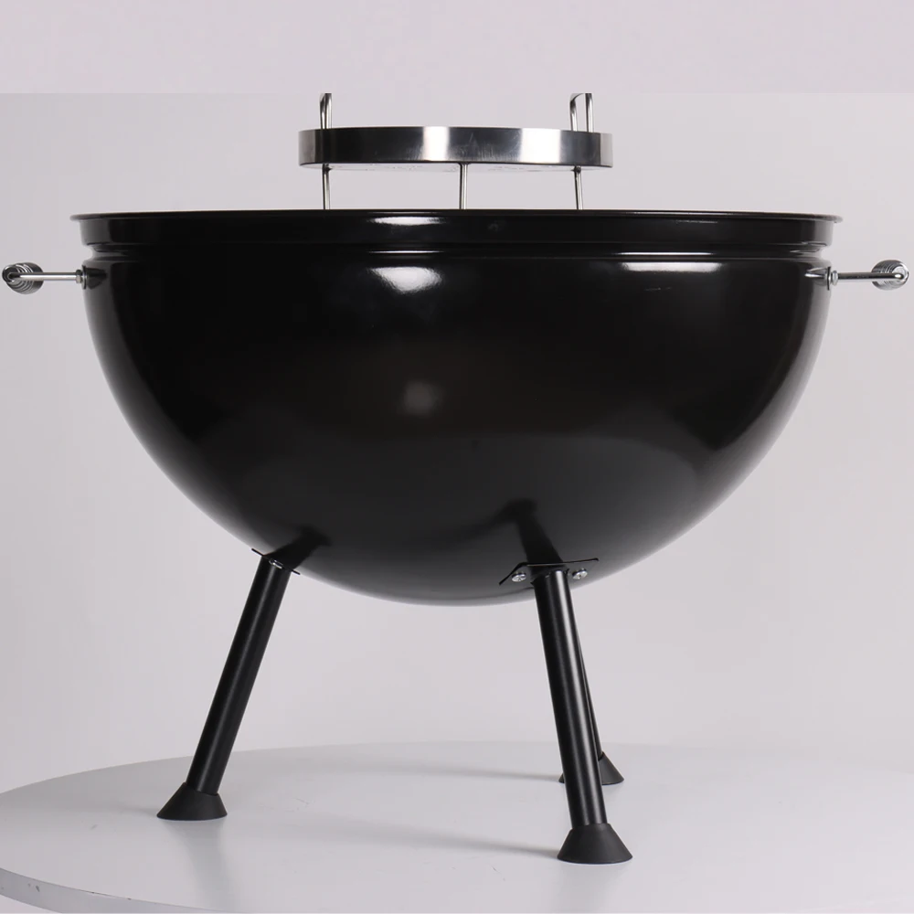Outdoor Fire Pit Barbecue Black Round Stainless Steel Two Handle