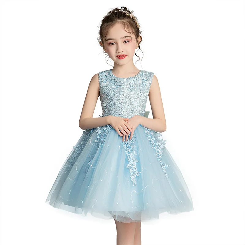 

Flower Girl Pageant Dress Sleeveless Girls Elegant Soft Lace Tulle Baptism Wedding Princess Gown Party Dresses with Bow, As shown