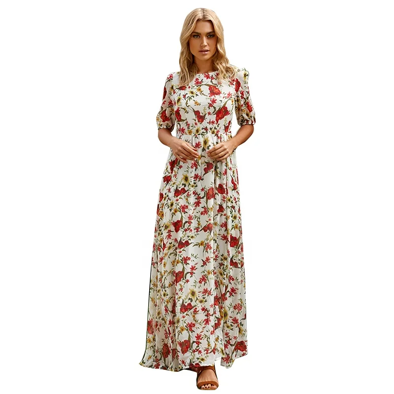 

Women Casual Boho Dresses Swing Floral-Printed Round Neck Half Sleeves Bohemia Maxi Dress