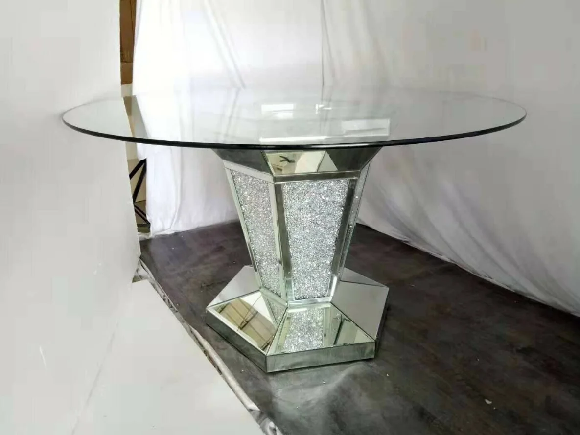 Hot Sparkly Mirrored Round Dining Table Crushed Diamond 4-6 Seating ...