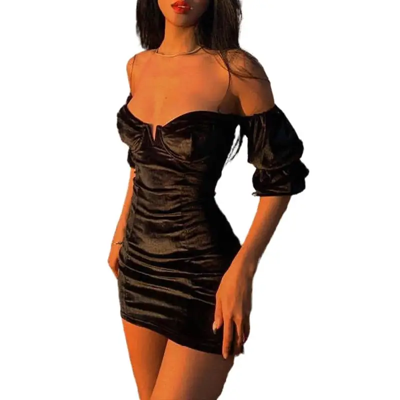 

Women's sexy slim waist suede flared sleeves wrapped chest Hepburn style dress, Red, khaki, green, black, pink,yellow, white, blue, gray, skin, coffee