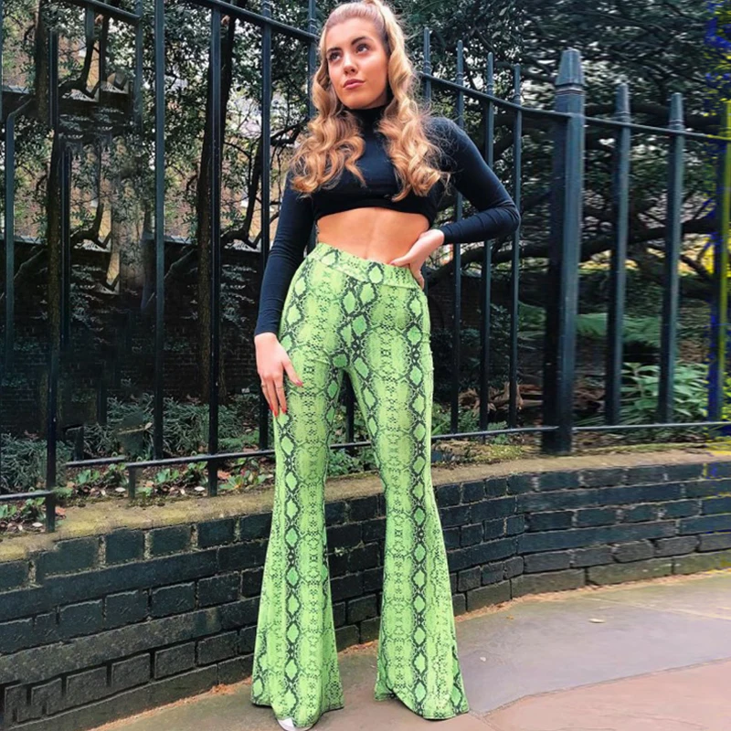 

High Quality New Fashion Elastic High Waist Boa Snake Neon Green Bell Bottom Pants For Women, Green,red