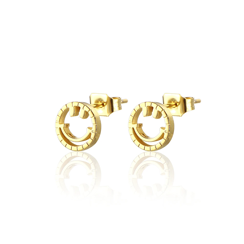 

Japanese Korean Stainless Steel Hollow Smile Happy Lucky Smile Face Stud Earrings, Stee;/gold/customized color