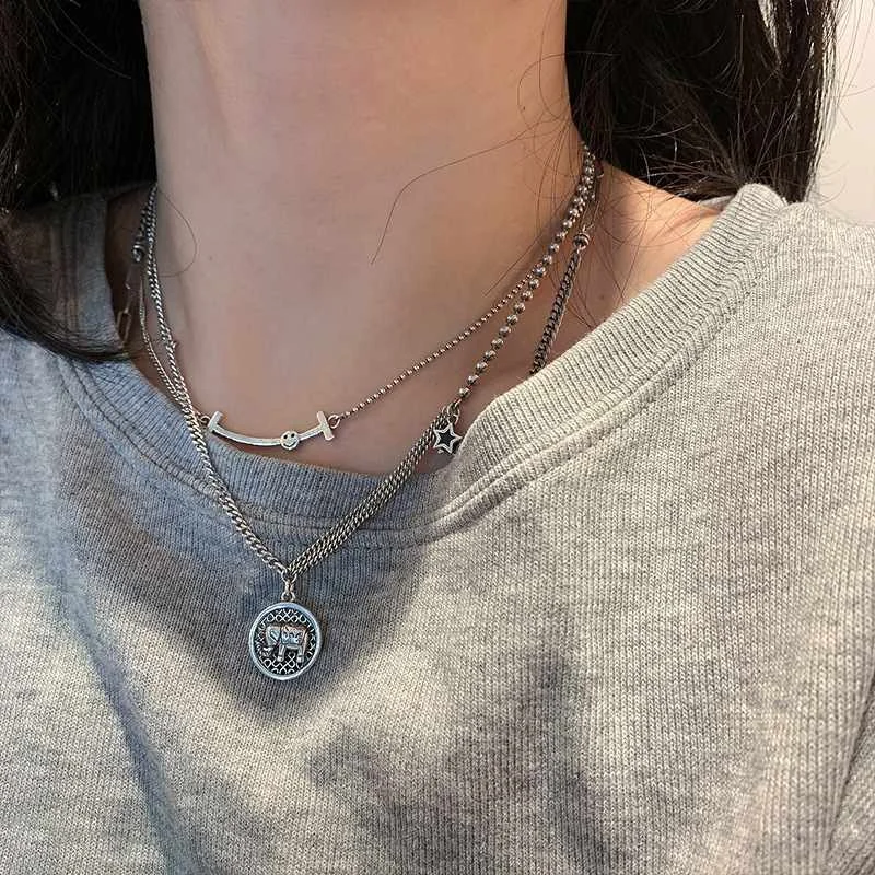 

Customized Thai Silver Smiley Face Star Necklace Female Hip Hop Elephant Clavicle Chain Simple Vintage Sweater Chain Pendants