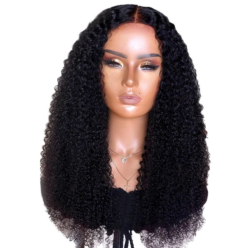 

Ainizi wholesale heat resistant fiber premium middle part kinky curly synthetic T part lace front wig for black women