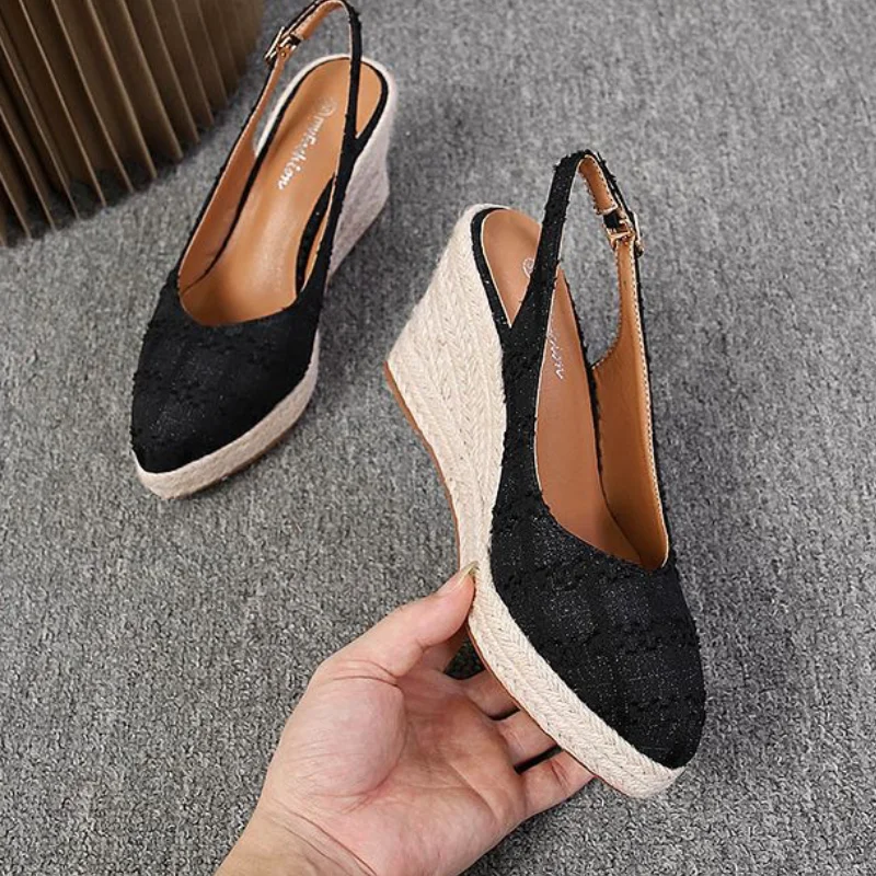 

Slingback hemp rope wedge heels women shoes slip on pointed toe comfy lady espadrille pumps for summer spring fashion