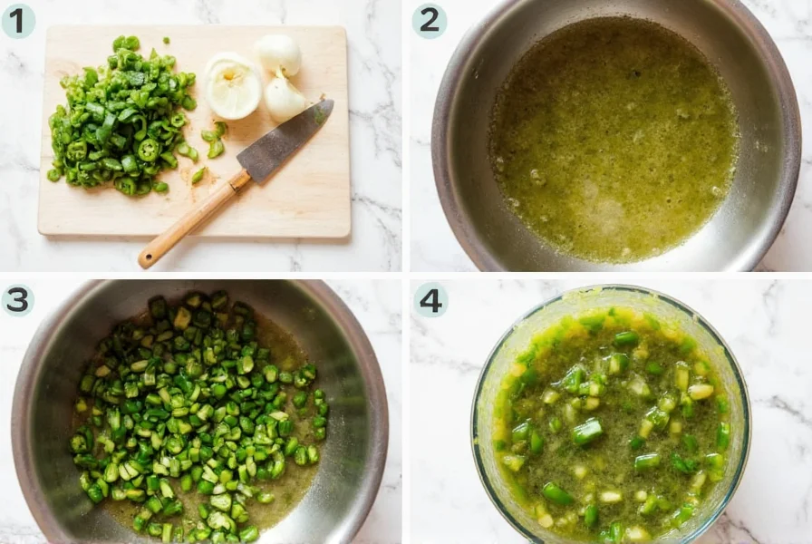 Step-by-step preparation of jalapeño pepper relish showing chopping, cooking, and canning process