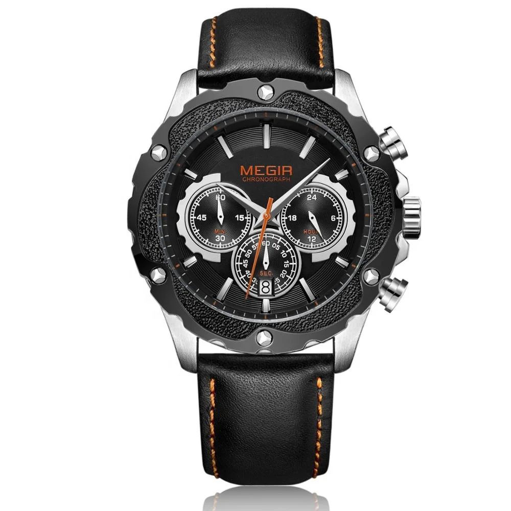 

MEGIR 2070 Silver case leather sport watch for man chronograph Men Clock Watch Wristwatch Relojes