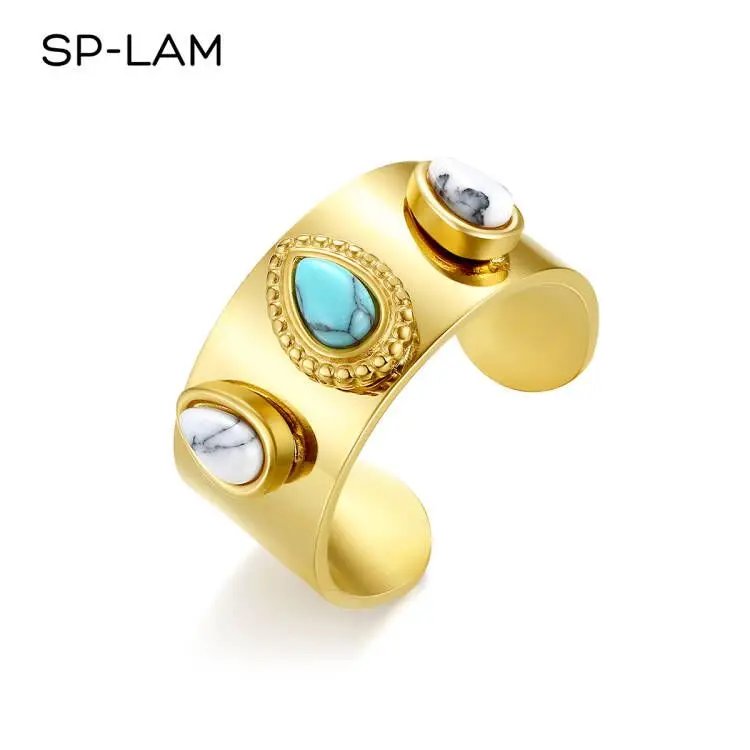 

SP-LAM Natural Turquoise Stone Engagement Diamond Stainless Steel Finger Luxury Ring for Woman