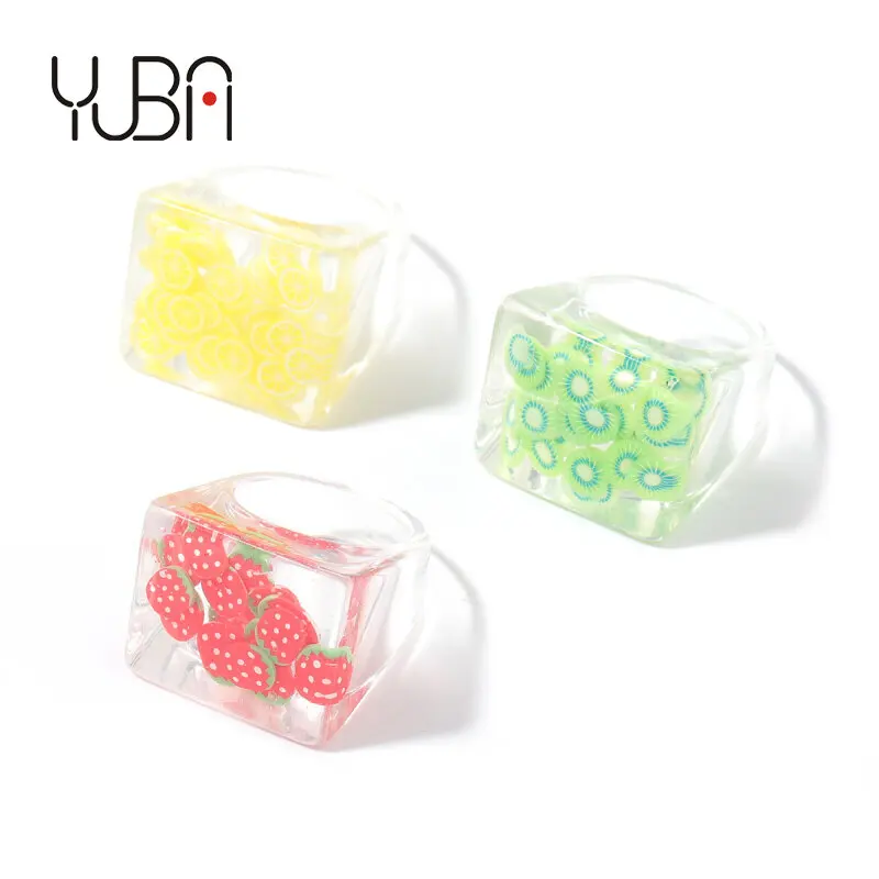 

Korean Style Transparent Fresh Fruit Shape Chunky Rings Thickness Resin Acrylic Strawberry Lemon Cut Ring