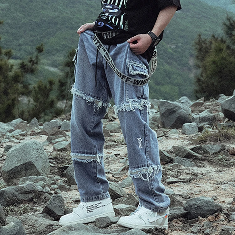 

GRKC spring fashion street wear patchwork cargo jeans men pockets tactical washed tassel wide leg denim pants for women