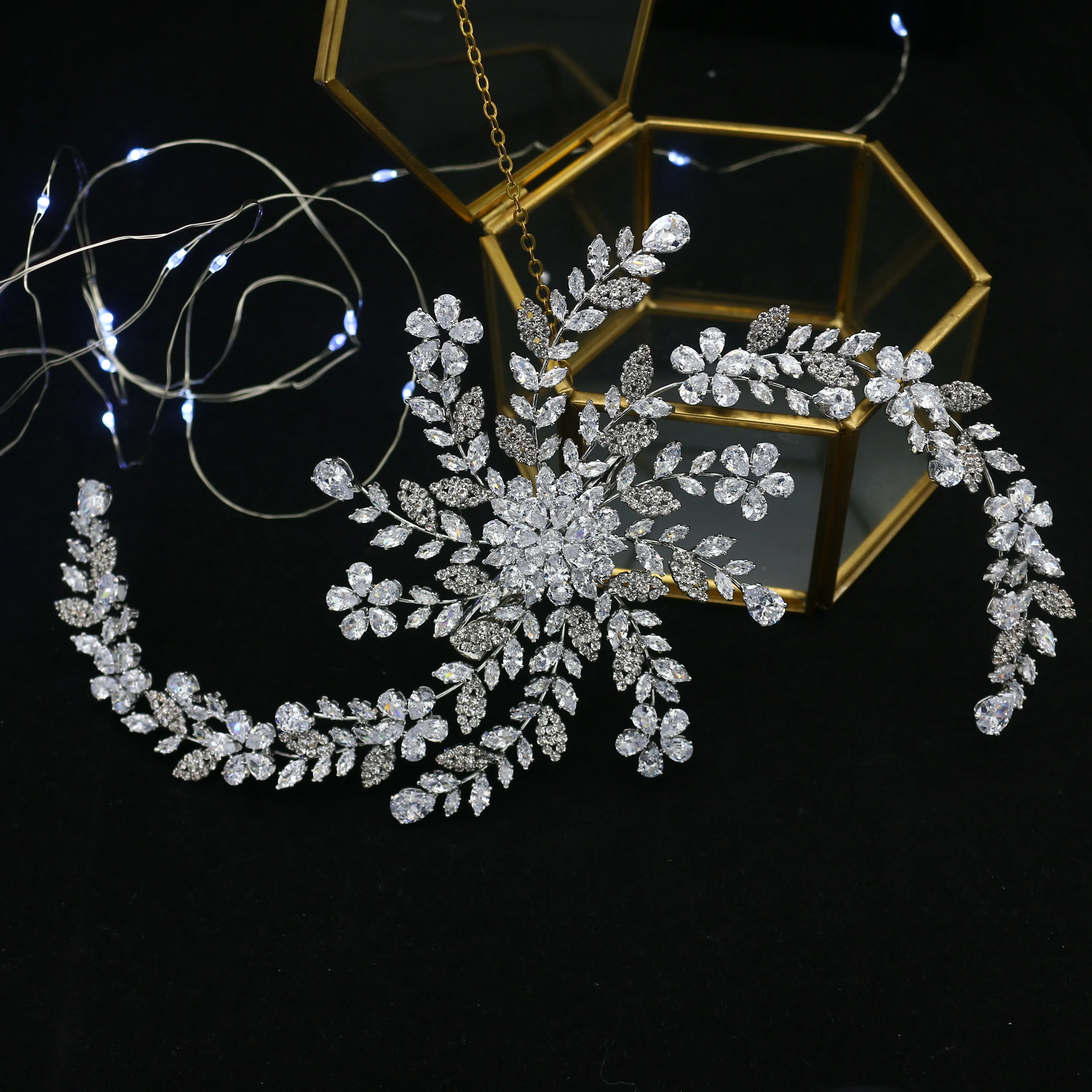 

Factory Price Wholesale Rhinestone Zircon Flower Metal Hair accessories hairbands Women Wedding headpiece, Silver