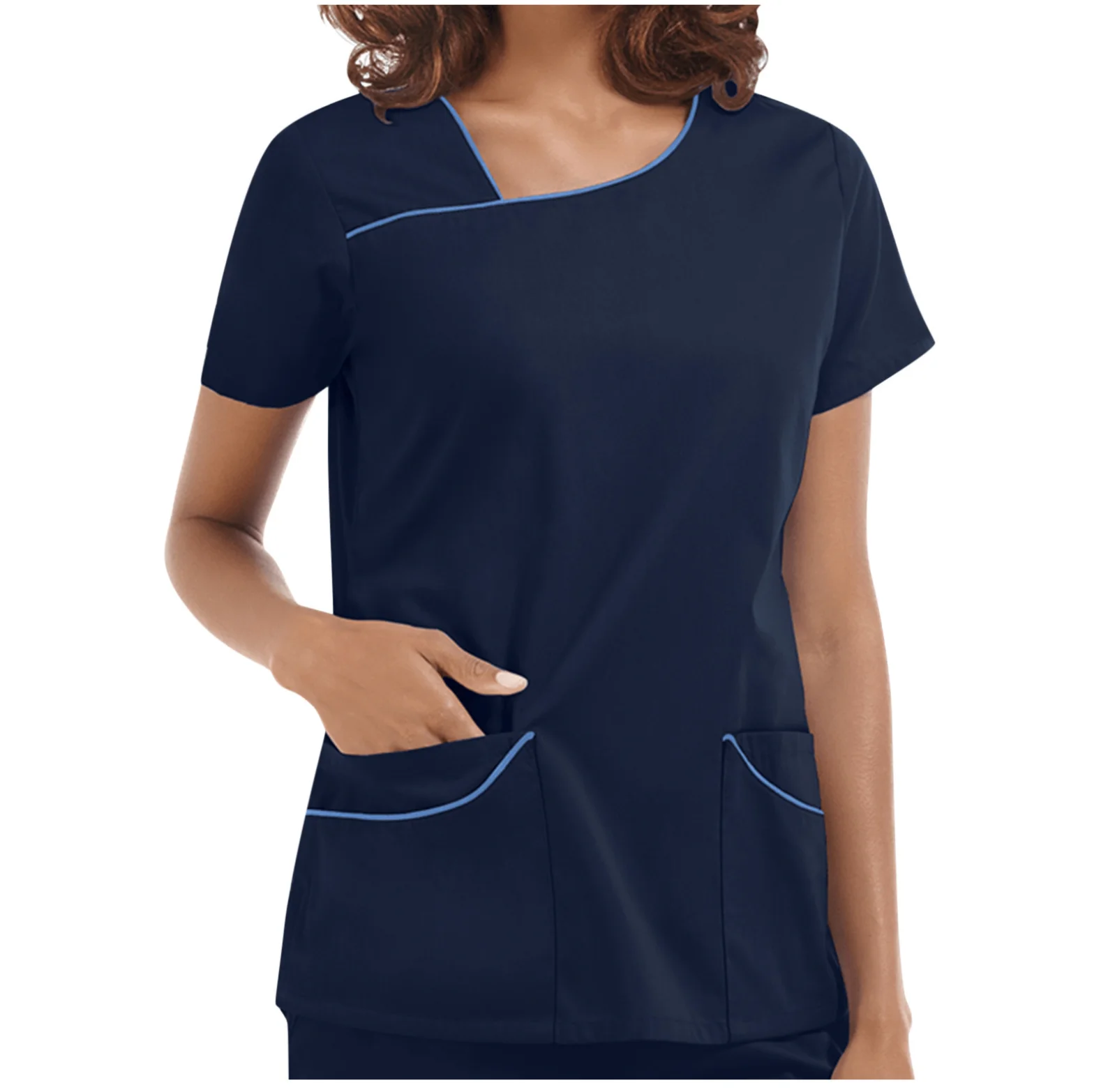 

New Fashion Hot Sell Stretchy Short Sleeve Nurse Scrubs Tops Y Sleeve Pockets Medical Hospital Uniforms, Royal blue, navy blue, lake blue, grey, burgundy, white, black, red...