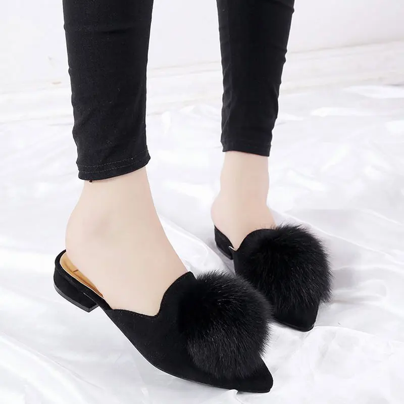 

Pointed Toe Slides Female Fashion Outdoor Sandals Ladies Loafer Shoes Pom Pom Slippers