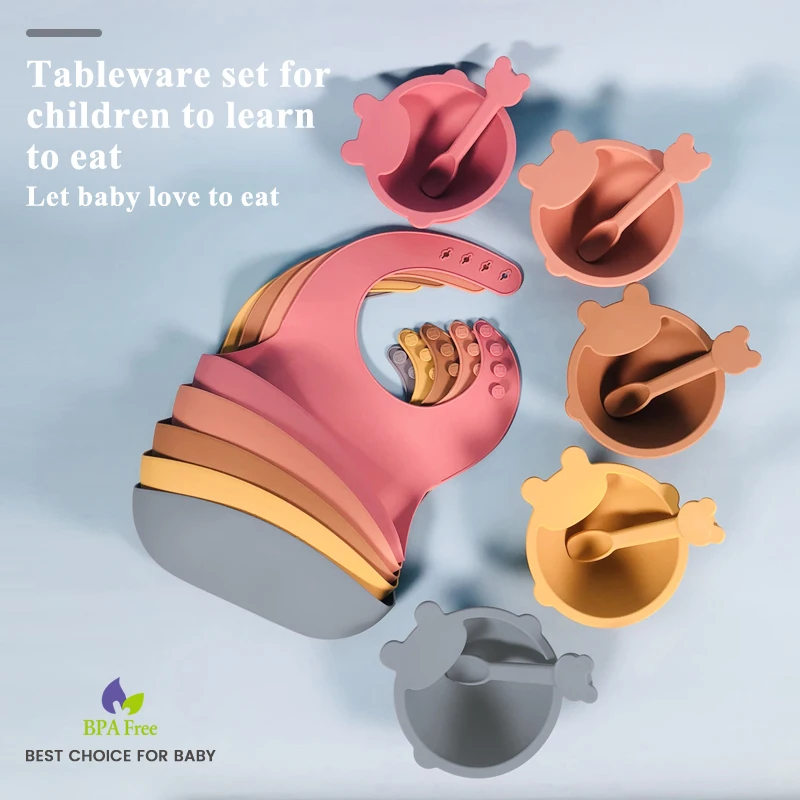 

New Product 3pcs set Food Grade Suction Plate Bib Bowl Spoon Feeding set Silicone Baby Bib Plate Bowl Spoon Set, Customized