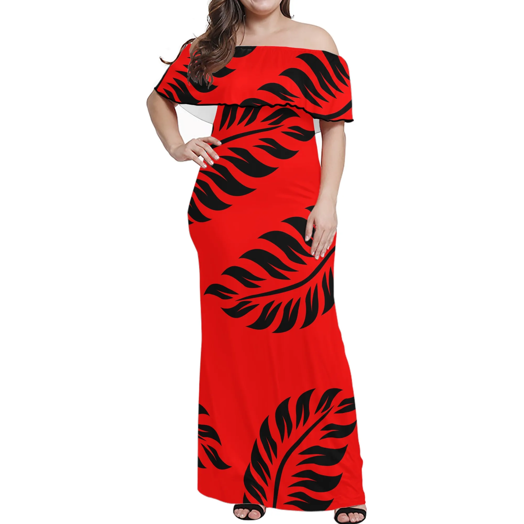 

Samoan Tribal red ruffle off shoulder dress with black Monstera leaf Prints Polynesian Long Dresses Plus Size Casual dress, Customized color