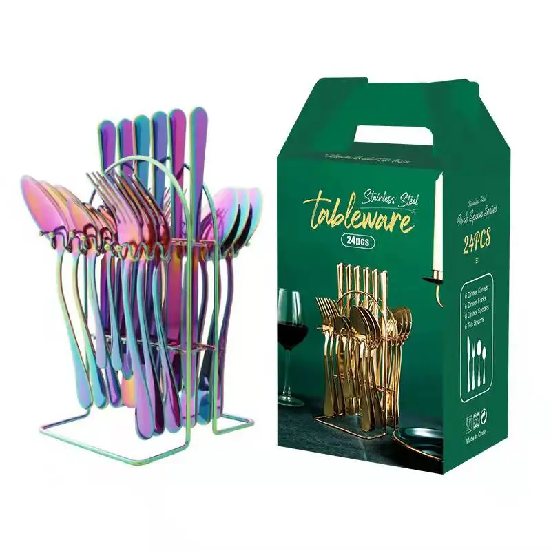 

24 PCS Restaurant flatware set spoons fork knife stainless steel gold cutlery with metal rack holder, Rainbow