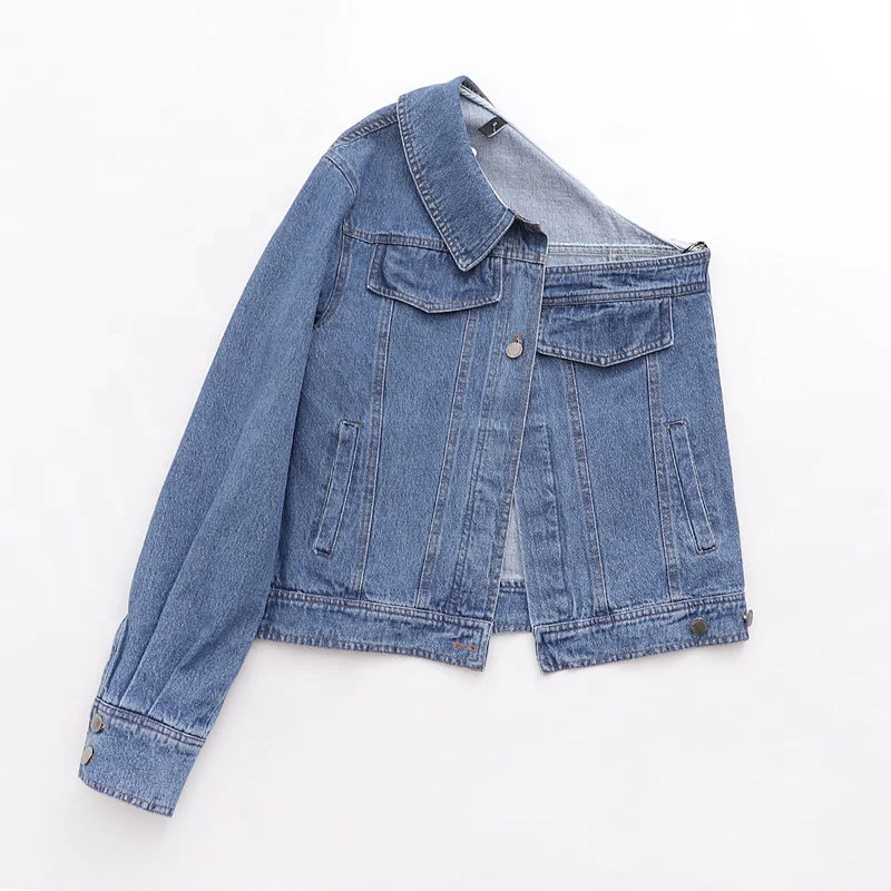 

B61358A 2019 new European and American women's asymmetrical one-sleeve strapless denim blue coat