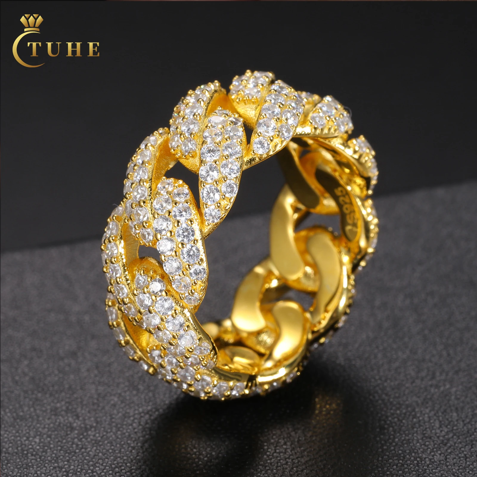 

Wholesale Bling Hip Hop Jewelry 9mm Gold Plated 925 Sterling Silver VVS Moissanite Diamond Iced Out Cuban Band Ring For Men