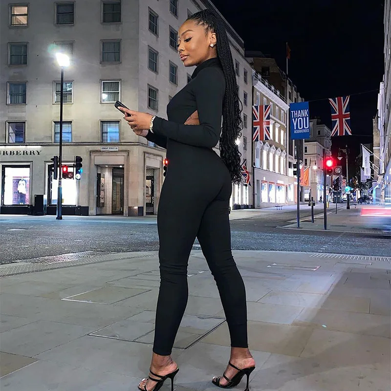 

Backless Cut Out Long Sleeve Bodycon Jumpsuits One Piece Fall 2020 Women Clothing Fashion Workout Active Wear Jumpsuit