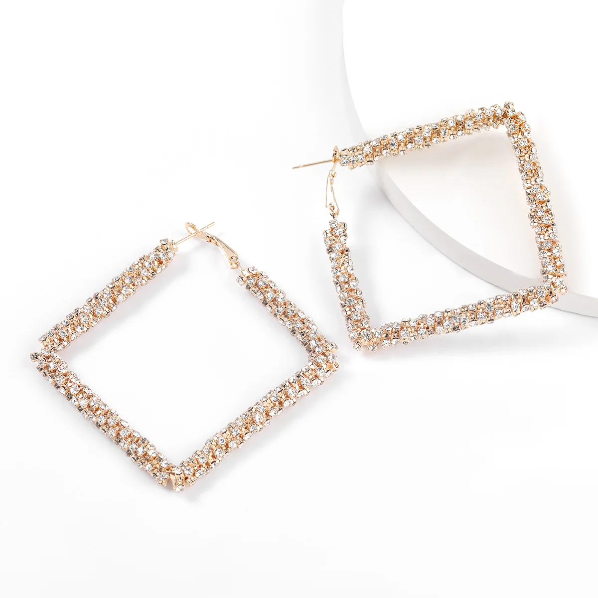 

New Arrival Full Diamond Square Hoop Earrings Bling Crystal Rhinestone Square Clip On Earrings