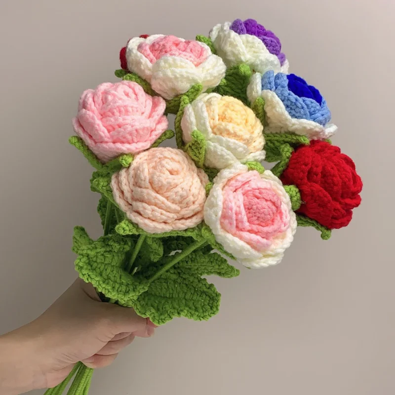 

Handmade Crochet Flower Rose Woven Bouquet Artificial Flower for Wedding Valentine's Day Mother's Day Birthday Gift