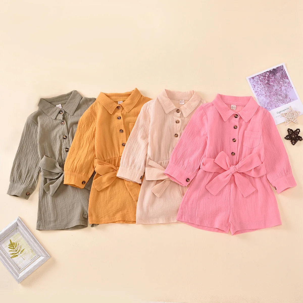 

Wholesale Kids Pure Color Cotton Long Sleeve Single-breasted Girls Romper With Same Color Belt