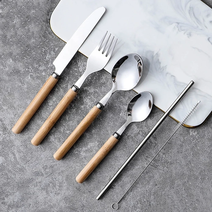 

6 pcs camping flatware eco friendly reusable camping portable cutlery set travel bamboo handle stainless steel cutlery set
