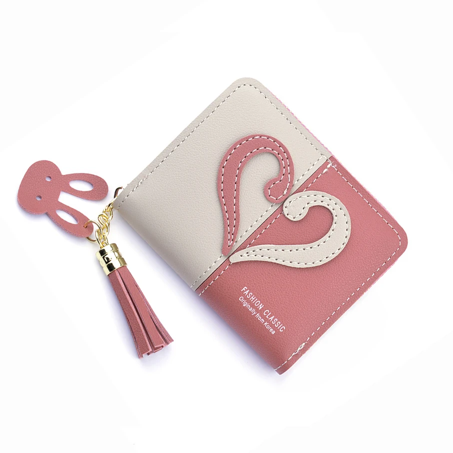 

Leather purse women fashion heart coin card holder student cute simple short design bifold slim card wallet with tassel, Blue red black light-pink dark-pink gray