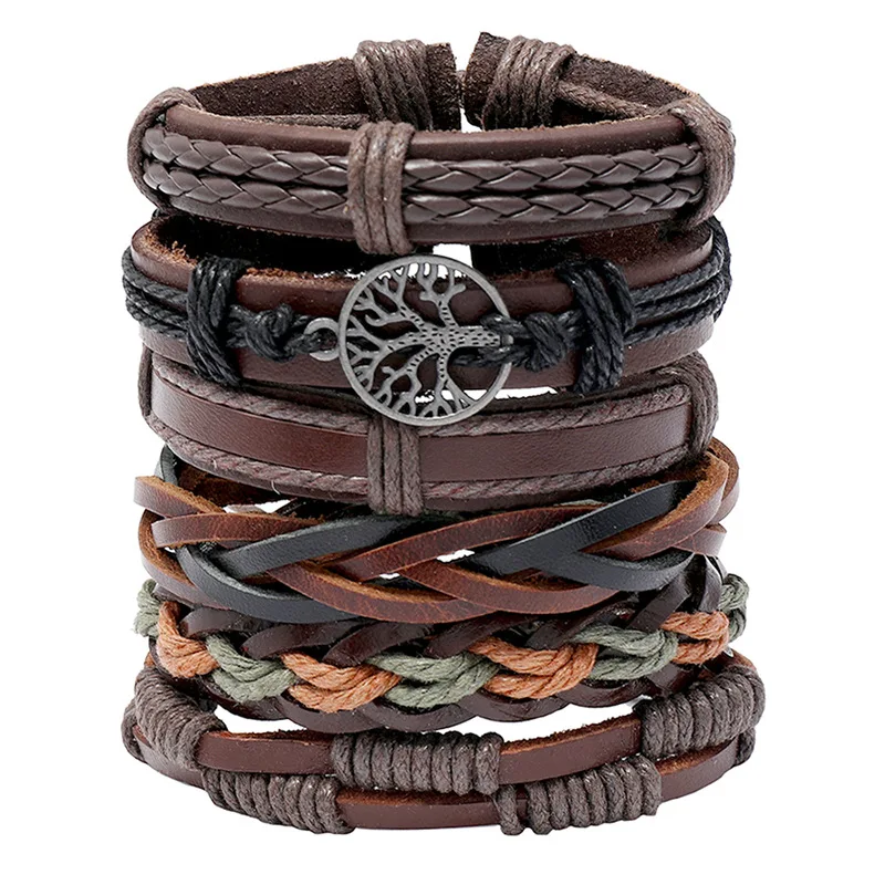 

Vintage Hand Woven Cowhide Bracelet DIY Combination 6-piece Set Of Men Jewelry Accessories Bracelet