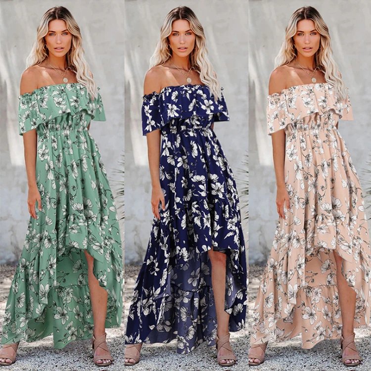 

2021 Summer Womens Clothing High Waist Short Sleeve Floral Print Elastic Vintage Long Spring Ruffled Women Elegant Casual Dress