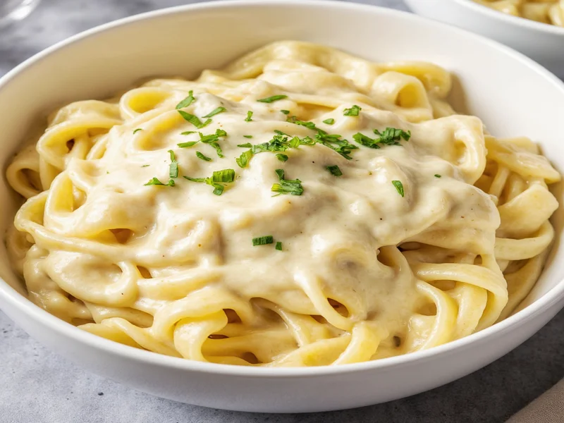 Homemade alfredo sauce in white bowl with pasta