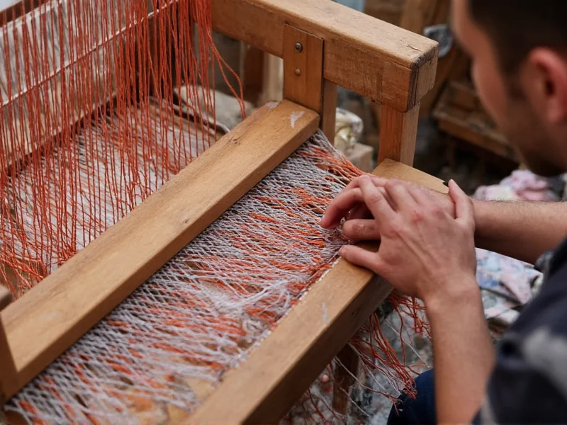 Artisan hands weaving on wooden loom