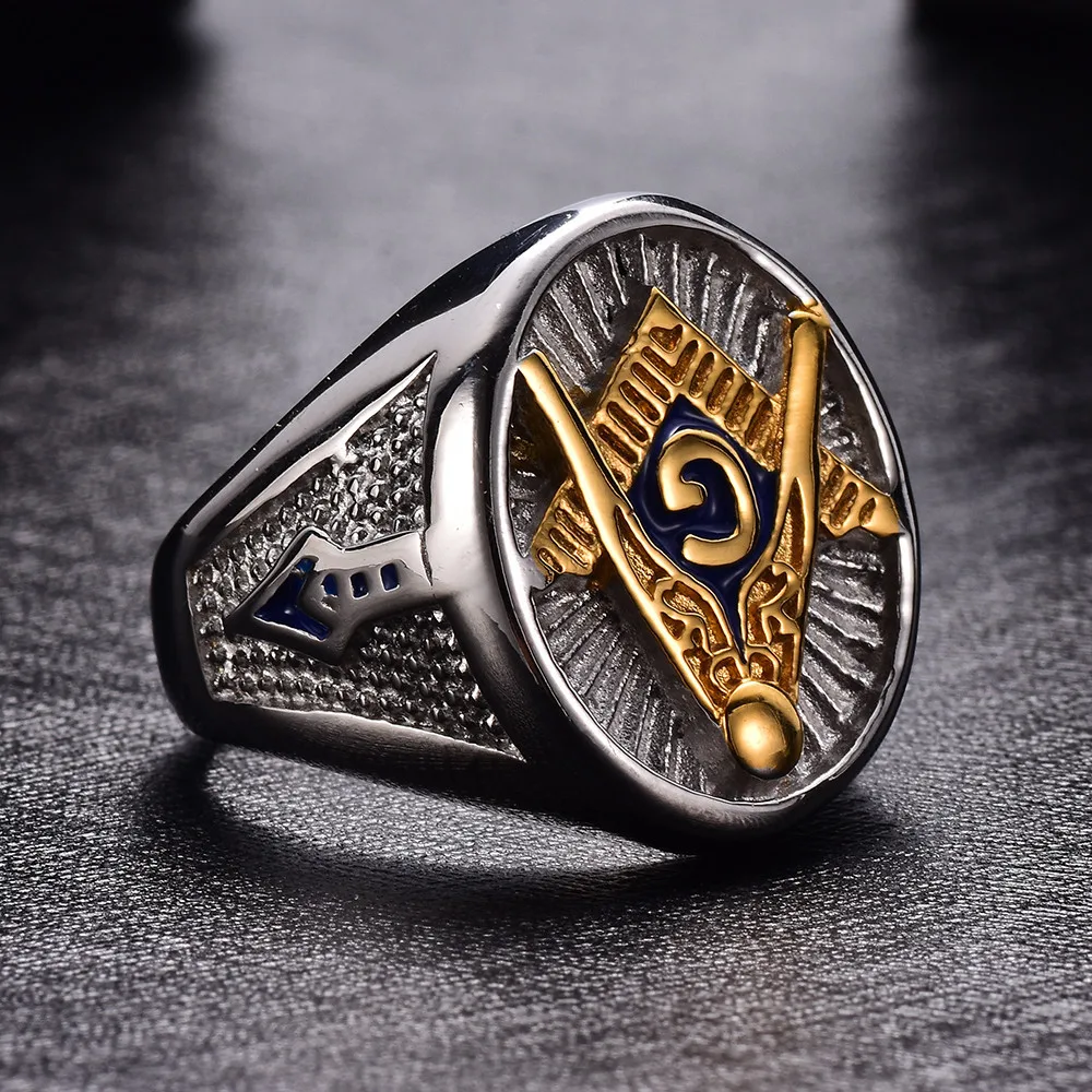 

316L Stainless Steel Masonic Ring Freemason Masonic Male Ring Gold Blue Tricolor Masonic Symbol Finger Ring for Men Jewelry Gift