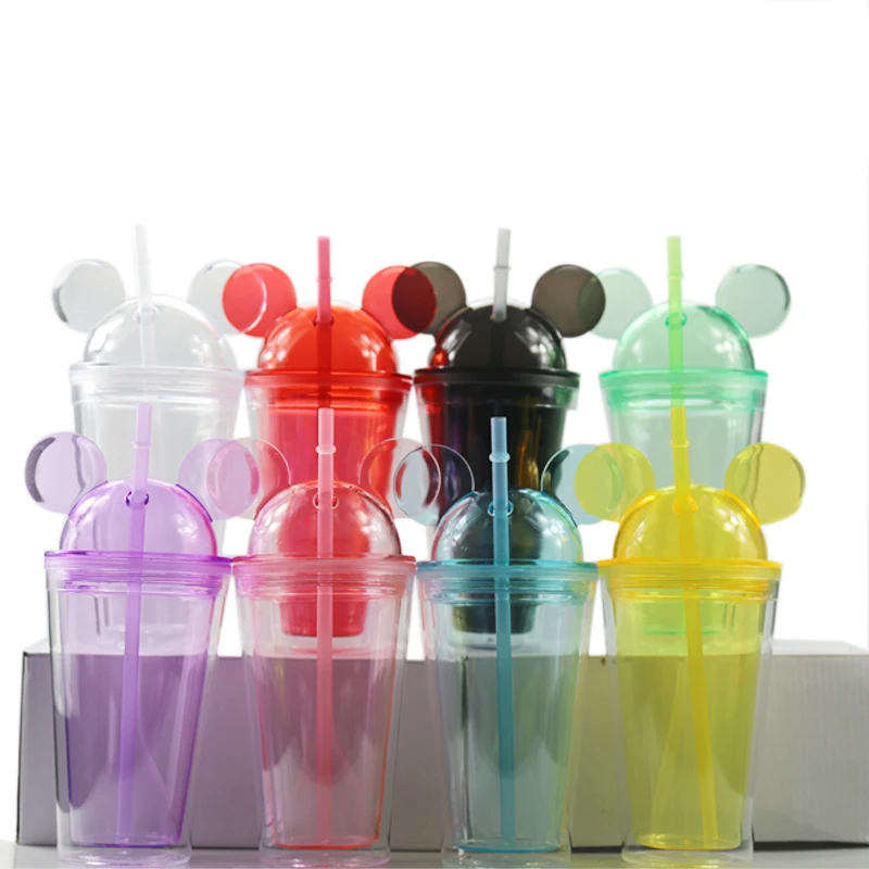 

Wholesale 16oz Acrylic Cup Double Wall BPA Free Plastic Mickey Tumbler Mouse Ear Cup With Lid And Straw, Red pink clear black green blue yellow purple