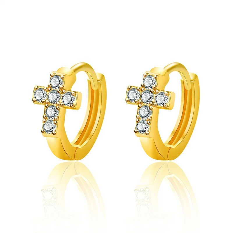 

Free Shipping Jewelry 1 USD Price Plated 18K Gold Cross CZ Huggie Earrings For Women Men, White, gold, rose gold