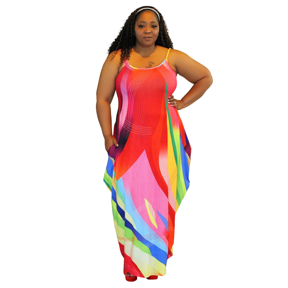

2021 Summer Women Rainbow Color Striped Spaghetti Strap Plus Size Belt Long Expansion Dress, Shown