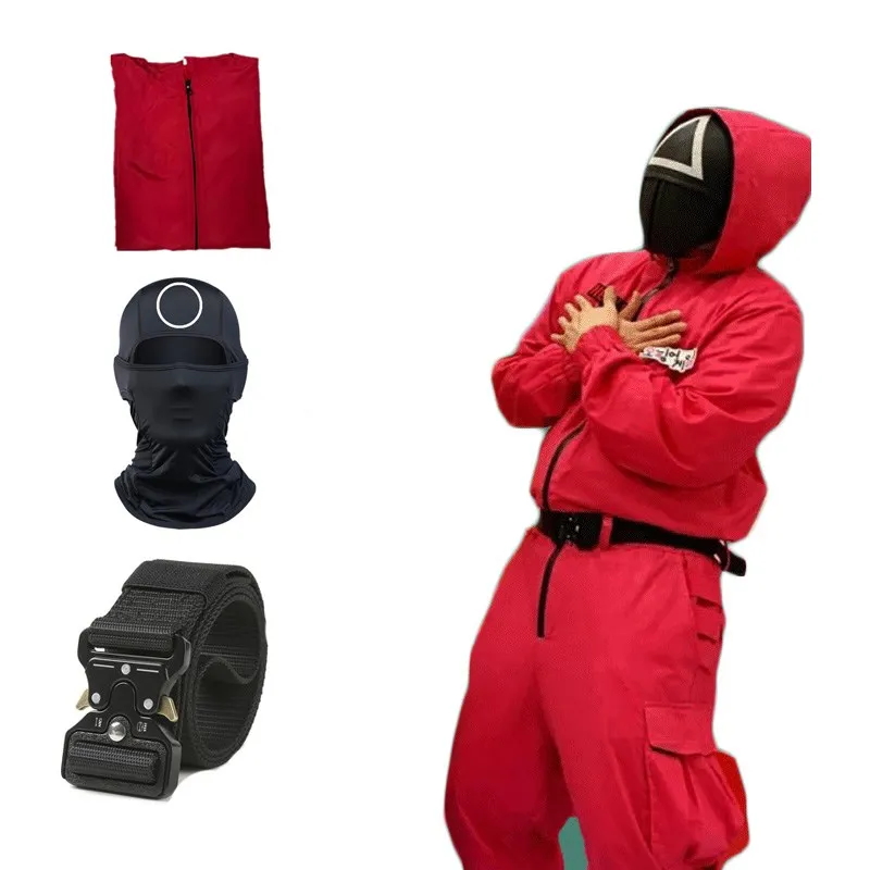 

Squid Game Costume Mask Cosplay Red Jumpsuit Belt Cosplay Halloween Party Cosplay clothes