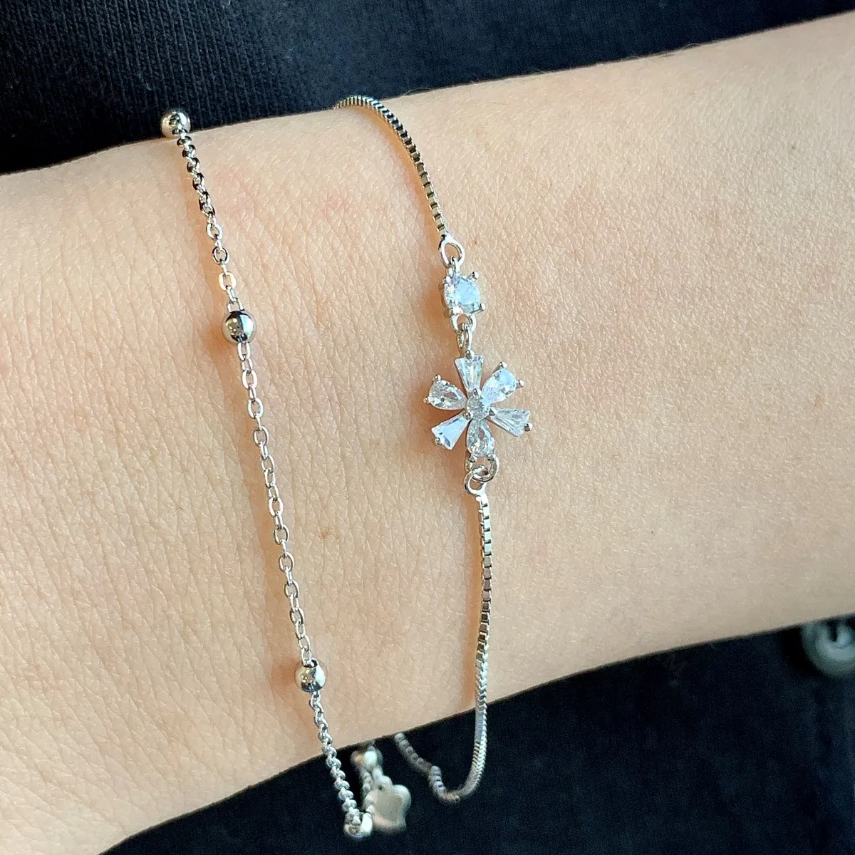 

Dylam holiday accessories 925 dainty Jewelry Rose Gold Plated Link Chain Sterling Silver Double layered flower CZ Bracelet