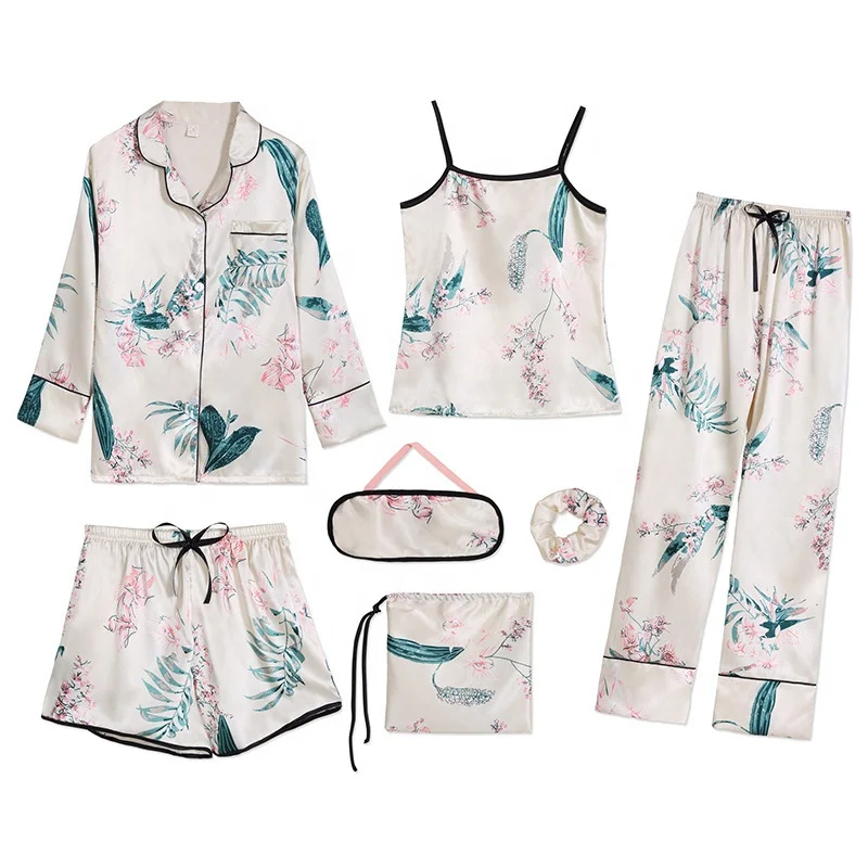 

Ins Style Hot Sell 7 piece Sleepwear Silk Satin Homewear Spring Summer Pijamas Set for Women